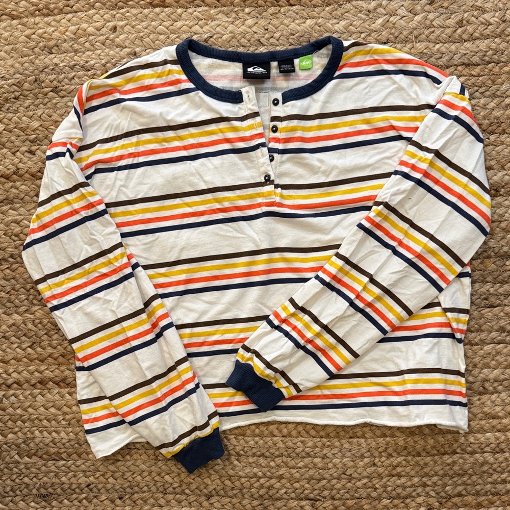 Quiksilver Oversized Long Sleeve Striped Tee - Navy, Yellow, Orange, Brown